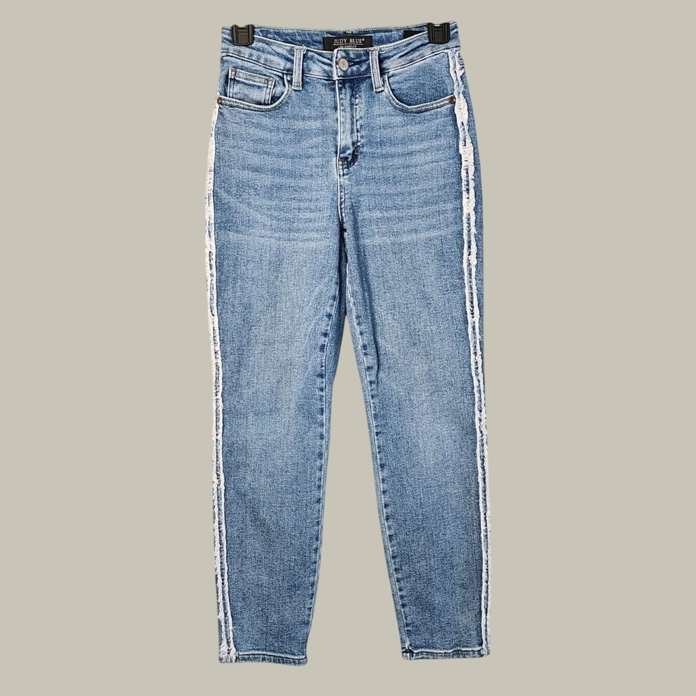 Judy Blue Slim Fit Jeans Women 0/24 Blue Frayed Side Stripe‎ JB88461 MD Boho